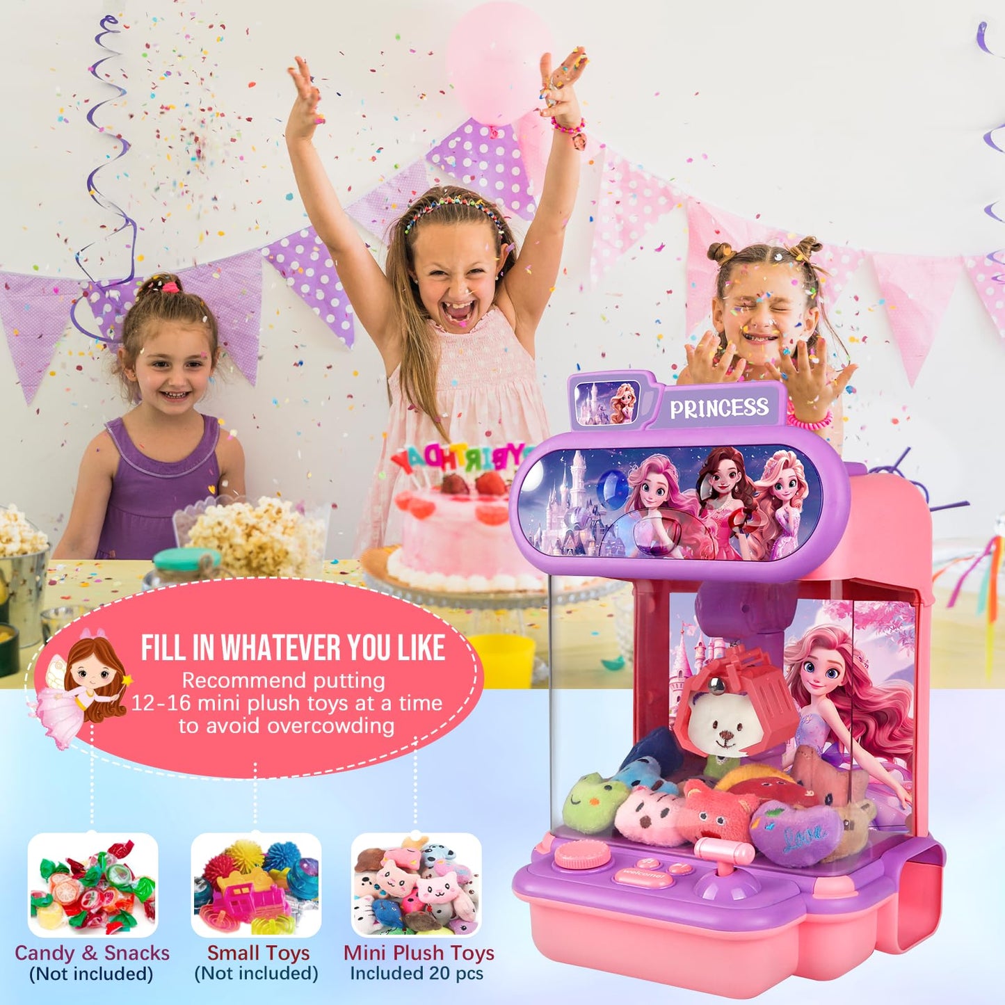 Claw Machine for Kids, Mini Vending Machines with 20 Plush Toys for Girls, Electronic Arcade Game with Candy Grabber Prize Dispe