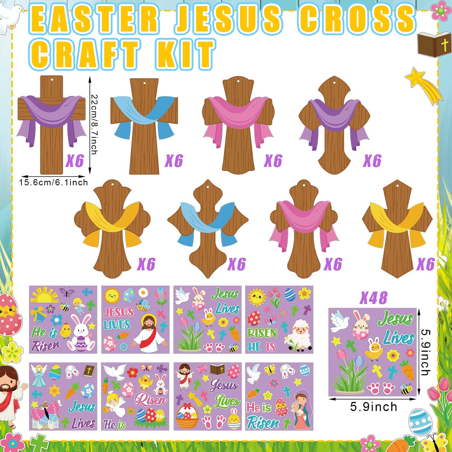 Watersay 48 Set Religious Easter Craft Kit DIY Christian Cross Crafts Sticker Make Your Own Jesus Ornament for Sunday School VBS