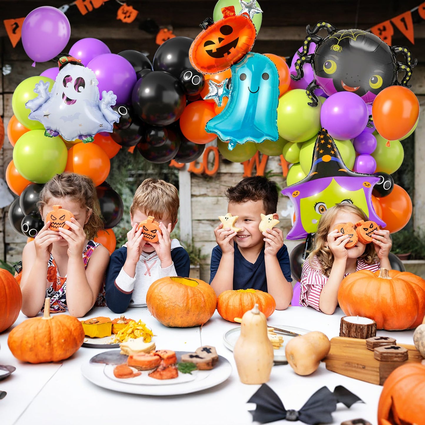 Halloween Balloon Arch Kit, 100 Pcs Purple Green Orange Halloween Balloons, Spider Pumpkin Witch Balloon Foil, Eye Black Orange