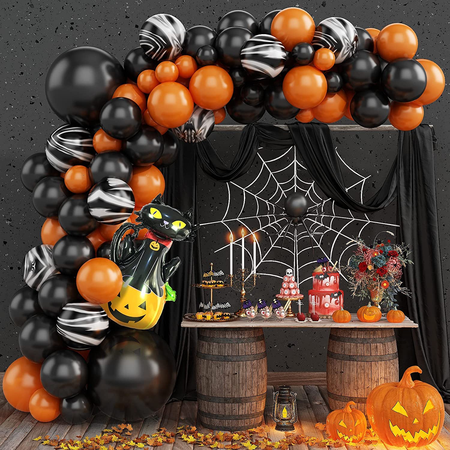 Halloween Balloon Garland Arch Kit, Black Orange Balloon Arch Garland Kit With Foil Cat Pumpkin Balloon And Marble Balloons For Halloween Birthday Anniversary Engagement Graduation Party Decorations