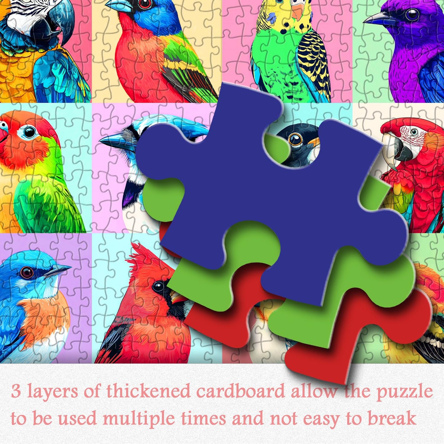 PICKFORU Birds Puzzles for Adults 1000 Pieces, Colorful Animals Jigsaw Puzzles Cardinal Blue Jay, Cute Parrot Puzzle as Wall Dec