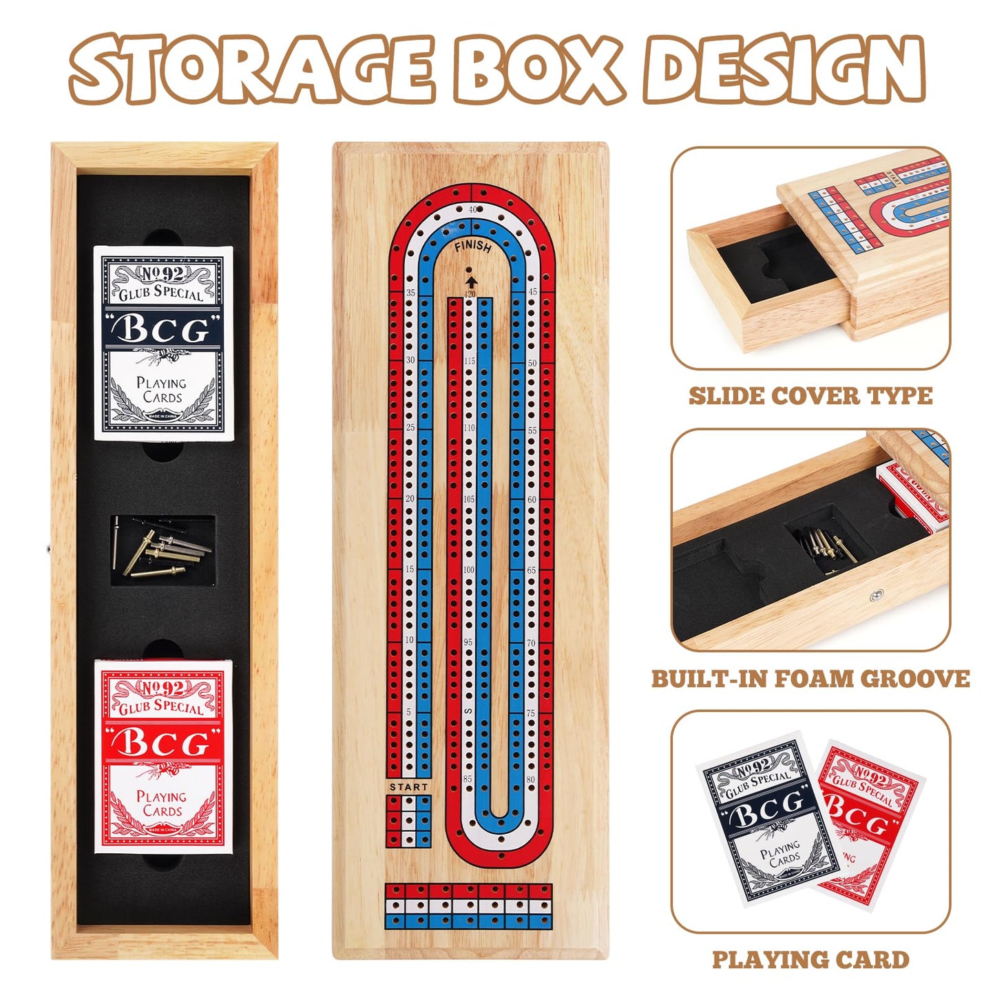 Wooden Cribbage Board Game Set  enhanced Wooden Board with with Storage Drawer and Metal Pegs  Strategy Card Game Cribbage - Travel Portable Cribbage Game Sets for Family
