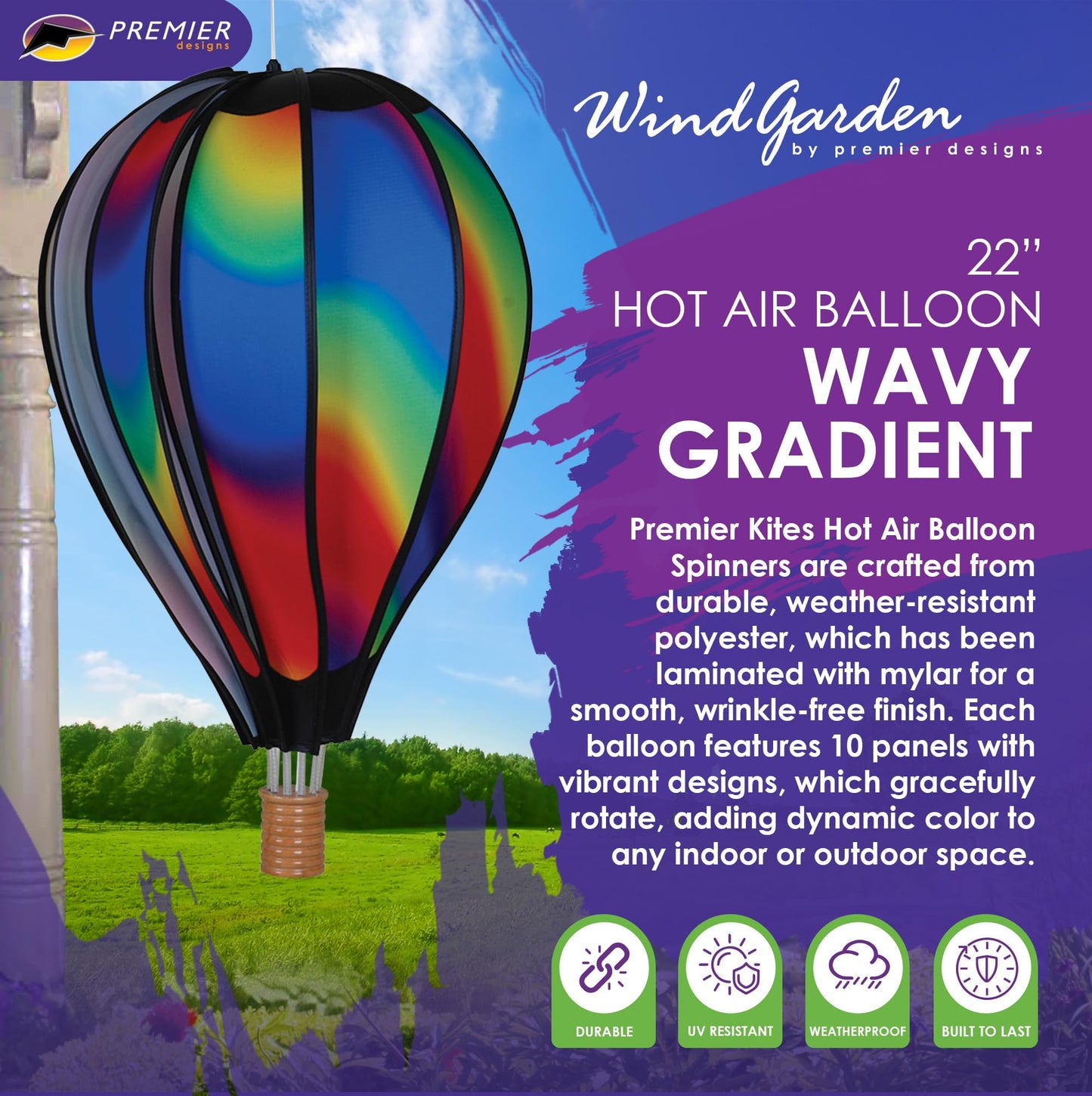 Hot Air Balloon Hanging Garden Spinner 22' - Vibrant Wavy Gradient Design, Weather-Resistant Outdoor Decor, Durable & Lightweight For Patios, Yards, And Gardens - Eye-Catching Wind Spinner