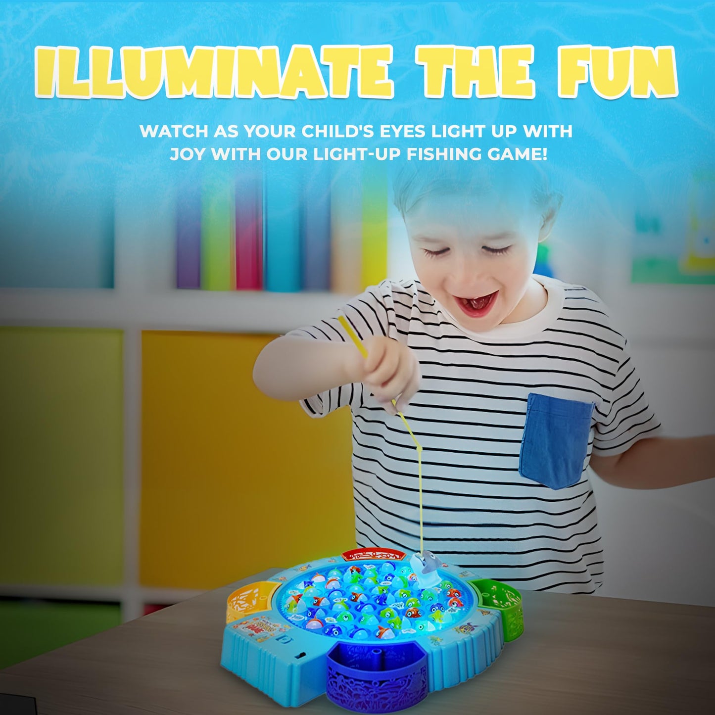 IPIDIPI TOYS Fishing Game for Kids - Light Up Magnetic Board with Music, 45 Fish, 8 Poles, Multicolor