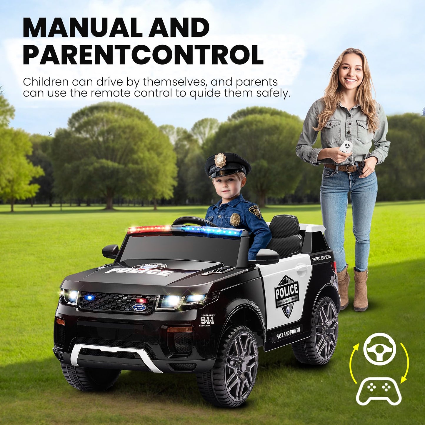 Hikole 12V Ride On Police Car For Kids 4-8, 12V Electric Car For Kids With Remote Control, 2 * 30W Motor, Music, Alarm Lights, M