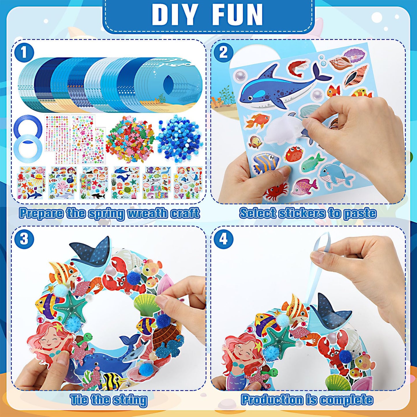 Hollowfly 48 Sets Summer Ocean Wreath Craft Kits Sea Animal DIY Wreath Hanging Ornaments Make Your Own Ocean Paper Craft with St