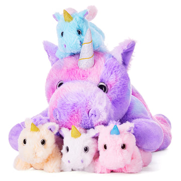 Ikasa Mommy Unicorn Toys For Girls Age 4-6,Mom And Baby Stuffed Animal Plush Toy,Small Family Set Toy With Little Babies,Gifts For Kid (Unicorn,18')