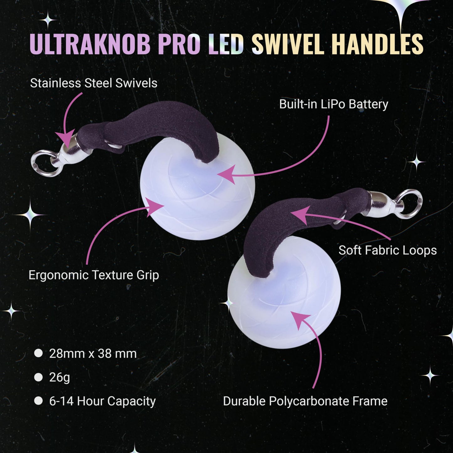 Ultrapoi Ultraknob Pro Swivel Handles Set (Pair (2)) - Rechargeable Knob Handles For Led Poi Balls - Over 35 Rainbow Color Modes & Flashing Patterns - Silicone Knob For Poi, Flow Art & Light Spinning