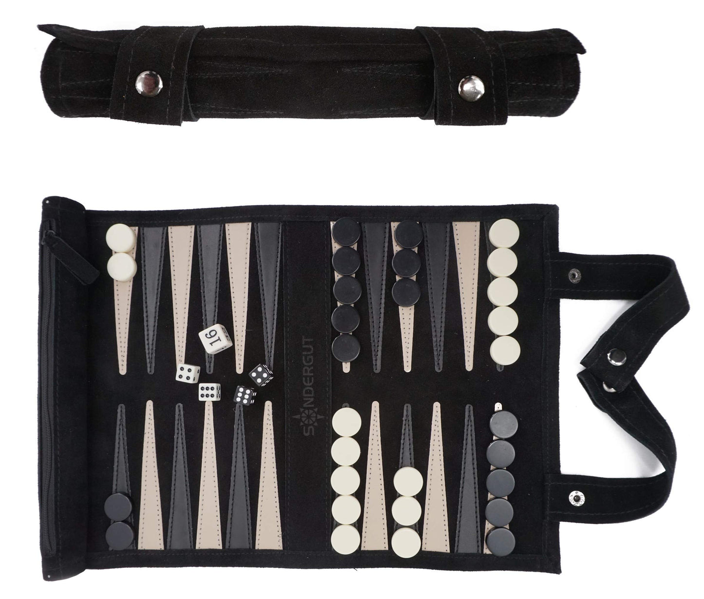Sondergut Roll-Up Portable Suede Backgammon Game Set - For Adults & Children - Ideal For Rv Travel, Cruise, Airplane, Camping, Backpacking, Road Trips, Etc. Multiple Colors (Black)
