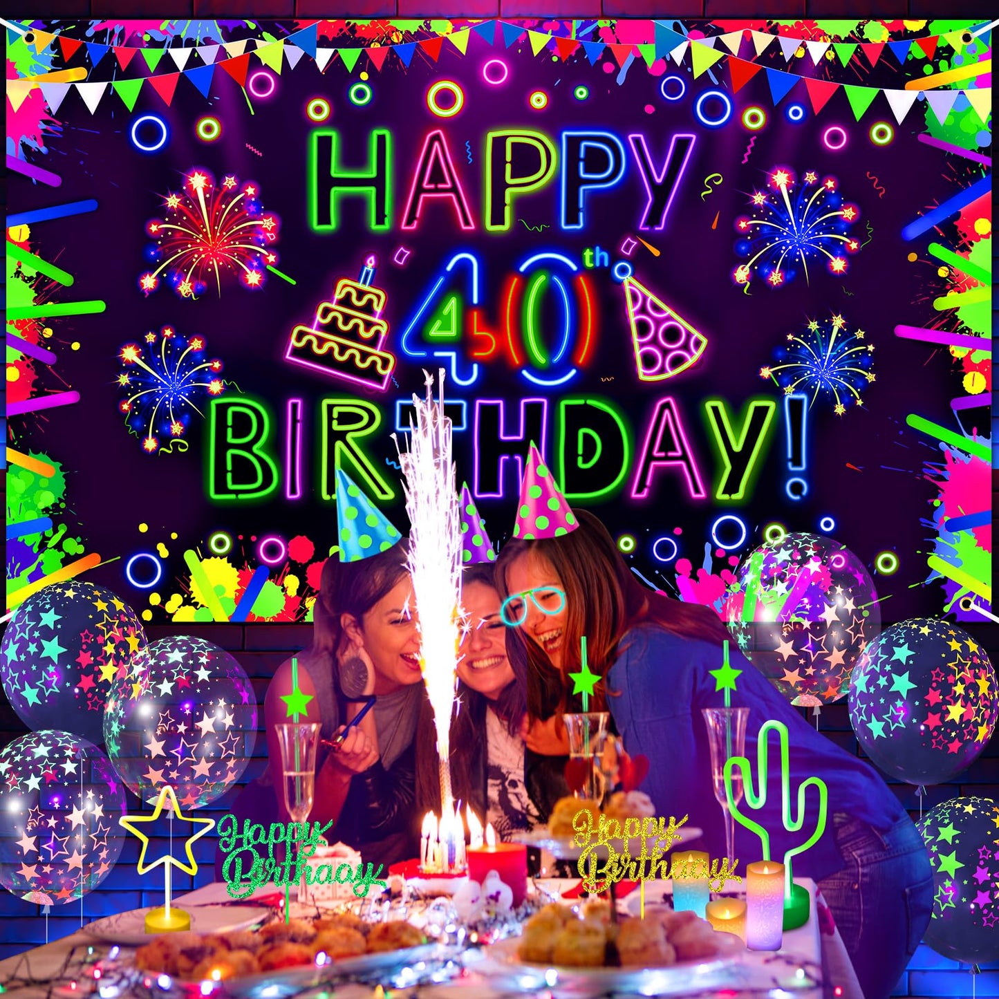Neon Birthday Party Decorations Neon Happy 40th Birthday Banner Glow in The Dark Party Decorations with UV Black Light Reactive