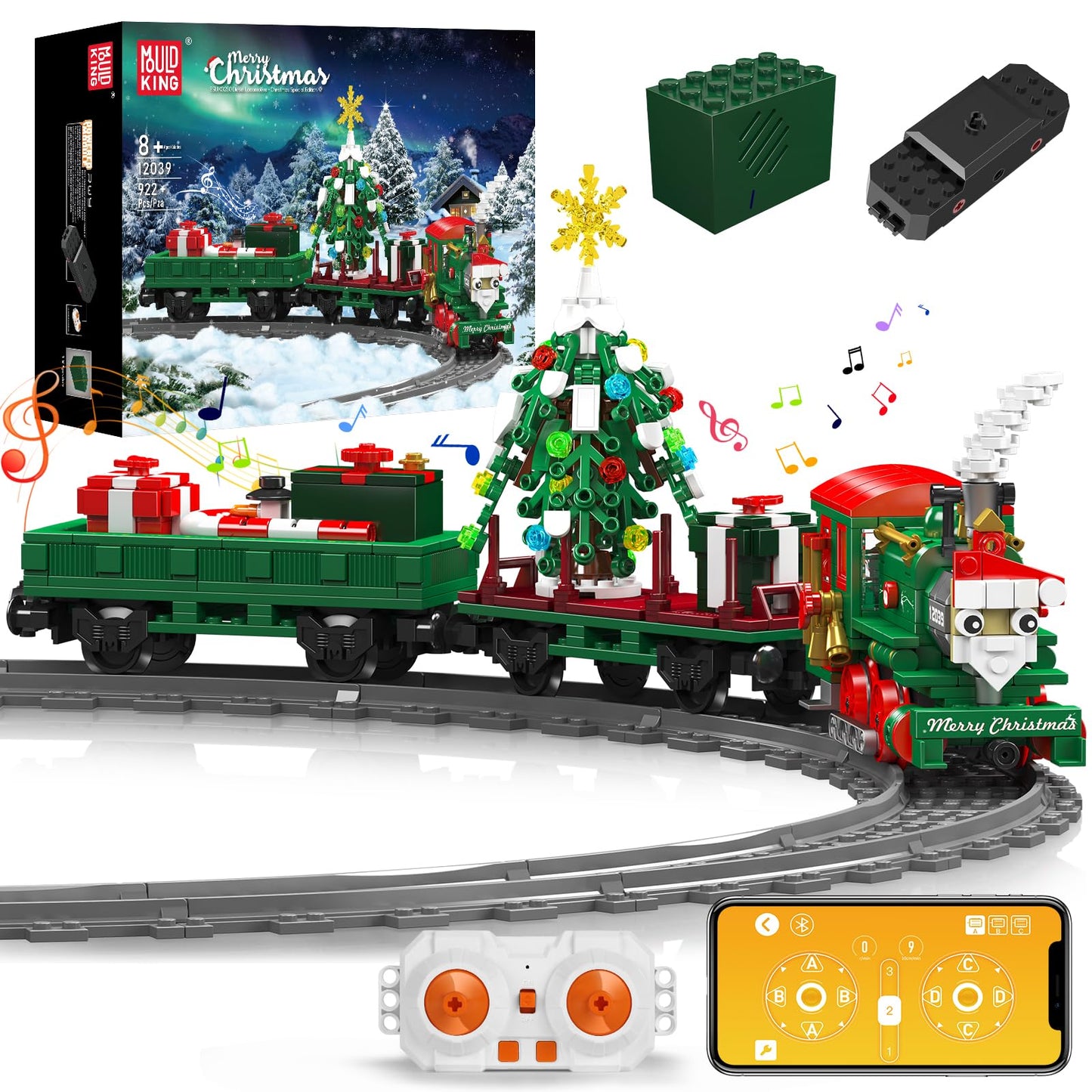 Mould King 12039 Christmas Train Building Block Kits, Electric Led Light,Train Track Vehicle Model Building Sets With Motors,Train Model Kits For Kids Age 8+/Adults-922 Pieces