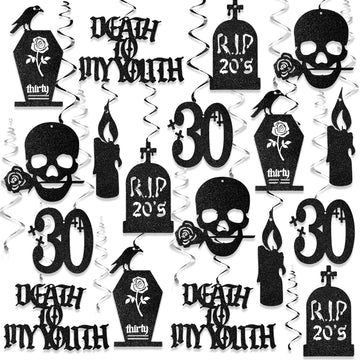 Fuutreo 36 Pcs Rip 20s Birthday Hanging Swirls Decorations 30th Birthday Party Decorations Death to My Twenties Gothic Silver an