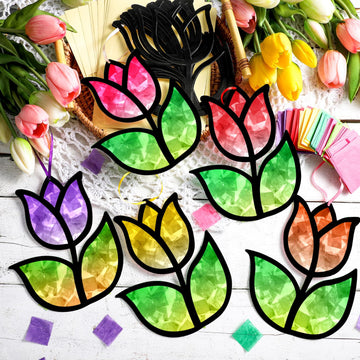 Supervitae 24 Sets Tulip Crafts Kits Mother s Day Crafts Spring Flower Paper Sun Catchers Art Kits DIY Tissue Paper Sign Make Y
