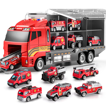 Temi Toddler Toys For 3 4 5 6 Years Old Boys, Die-Cast, Alloy Metal Emergency Fire Rescue Vehicle Transport Car / Truck Toys Set W/Play Mat For Age 3-9 Toddlers Kids Boys & Girls