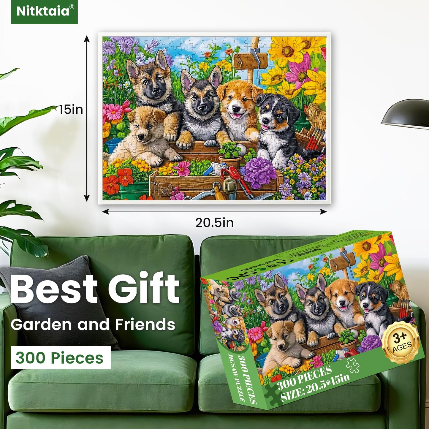 300 Piece Puzzles for Adults,Fun Puppies Puzzle for Adults Teens,Large Piece Cute Dogs Jigsaw Puzzle for Kids Ages 8-10 10-12,Gl