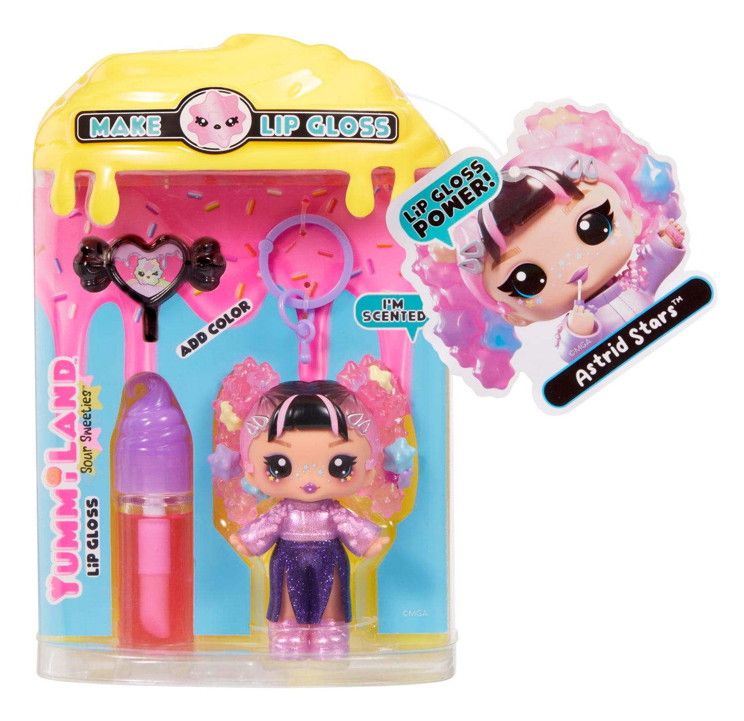 Yummiland Lip Gloss Doll: Sour Sweeties - Astrid Stars Includes DIY Lip Gloss + Removable Keychain, Cosmetic Play, Collectible,