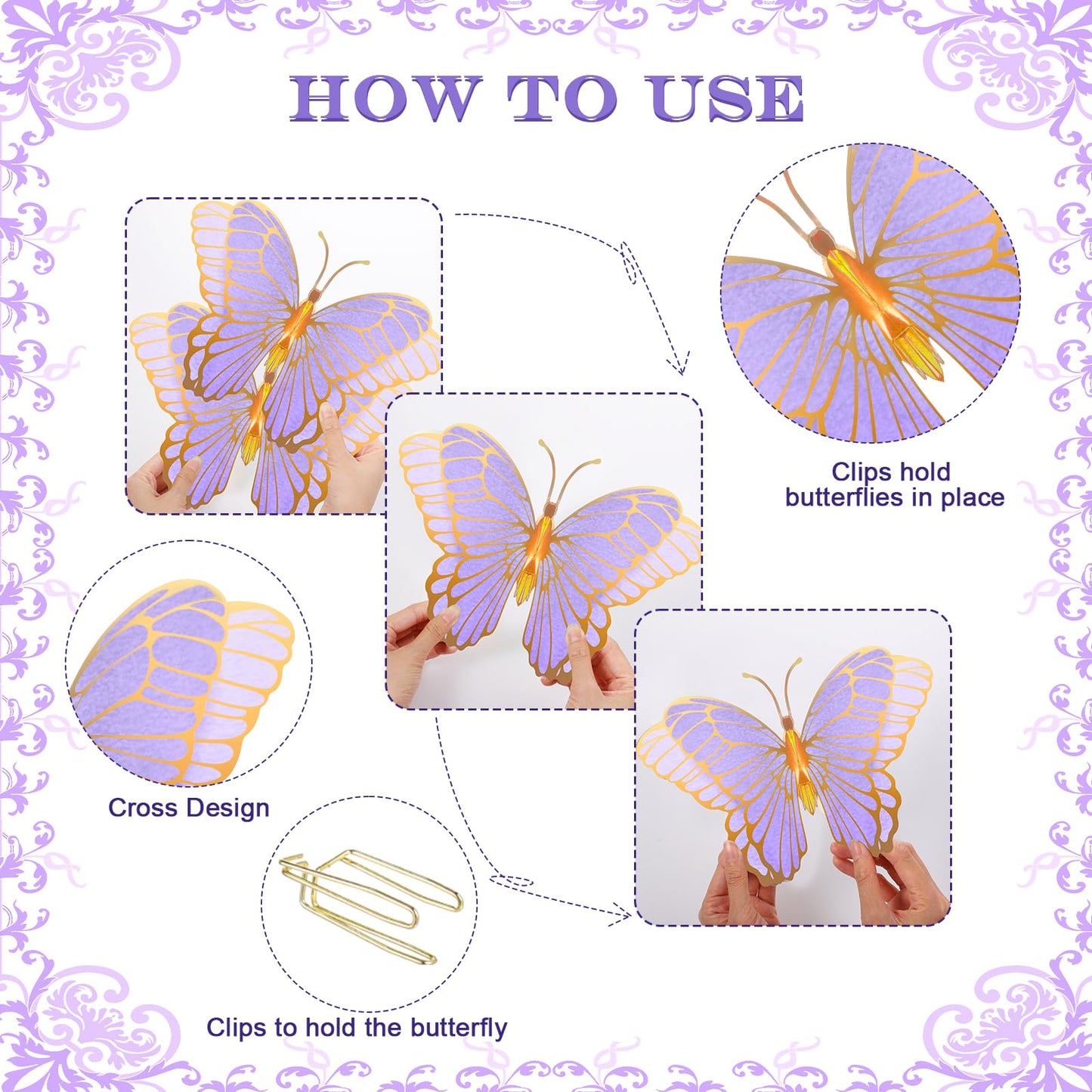 Wettarn 20 Pcs Butterfly Centerpieces For Tables Butterfly Party Decorations 3D Golden Butterfly Table Toppers Centerpiece For Girl Party Birthday Baby Shower (Purple,12 X 9 In,10 X 7 In)