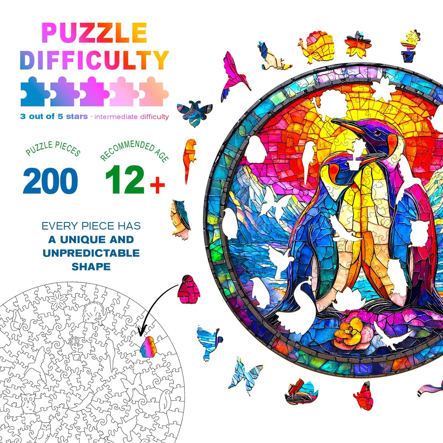 Wooden Puzzles for mature-themeds - Couple Penguins Wooden Jigsaw Puzzle - Unique Animal Shaped Wood Puzzles mature-themed - Creative Birthday Gift Family Game 200pcs