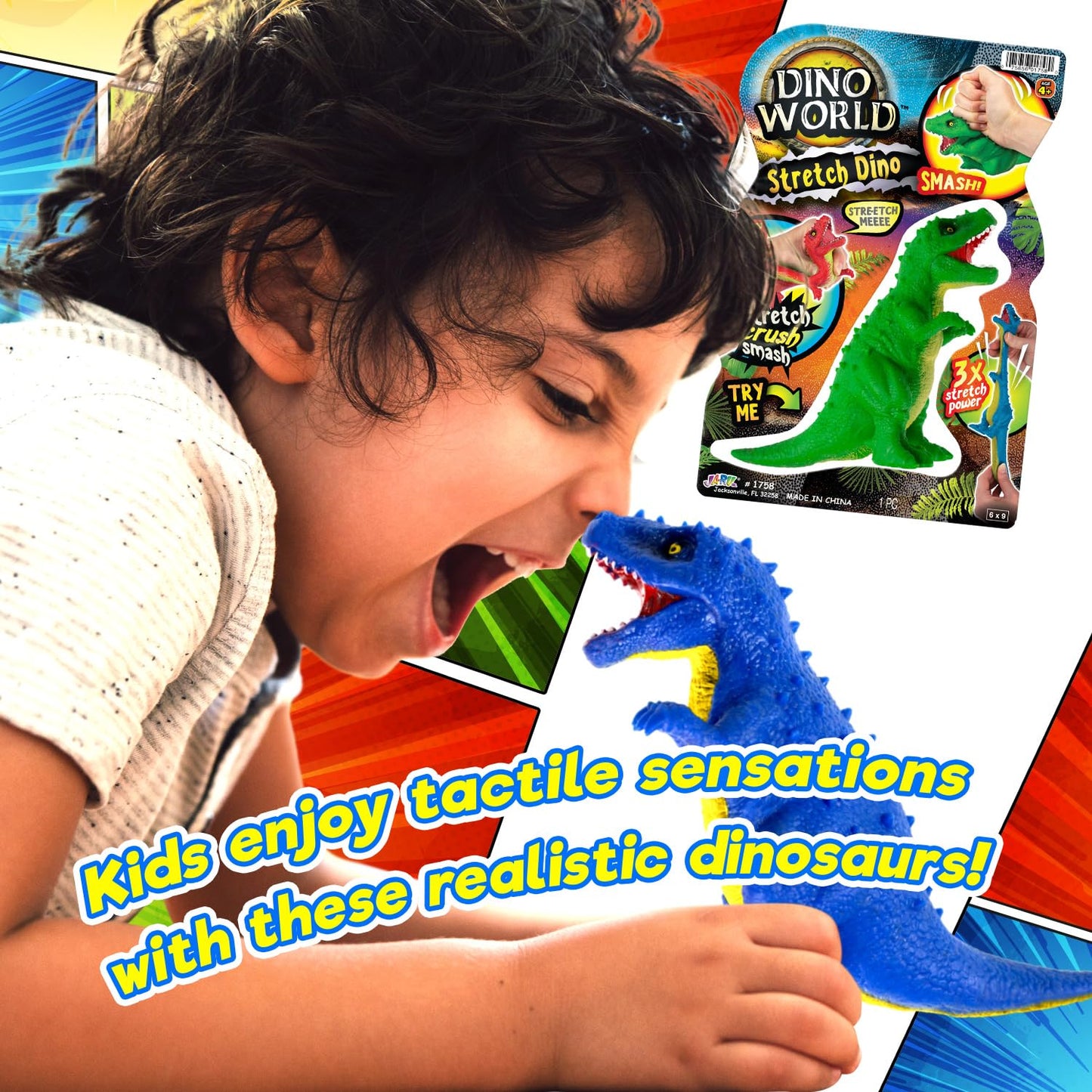 Ja-Ru Stretchy Toy Dinosaur Toy (1 Unit) T-Rex Rubber Dino ,Super Squishy And Individually Packed Fidget Toys For Boys, Realisti