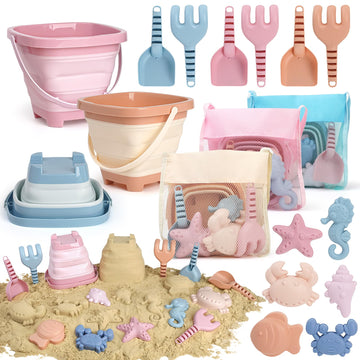Dreamon Beach Toys Set for Kids 3-10, Collapsible Sand Buckets with Beach Molds and Mesh Bag, 3 Pack Shovels Set Sand Toys for B