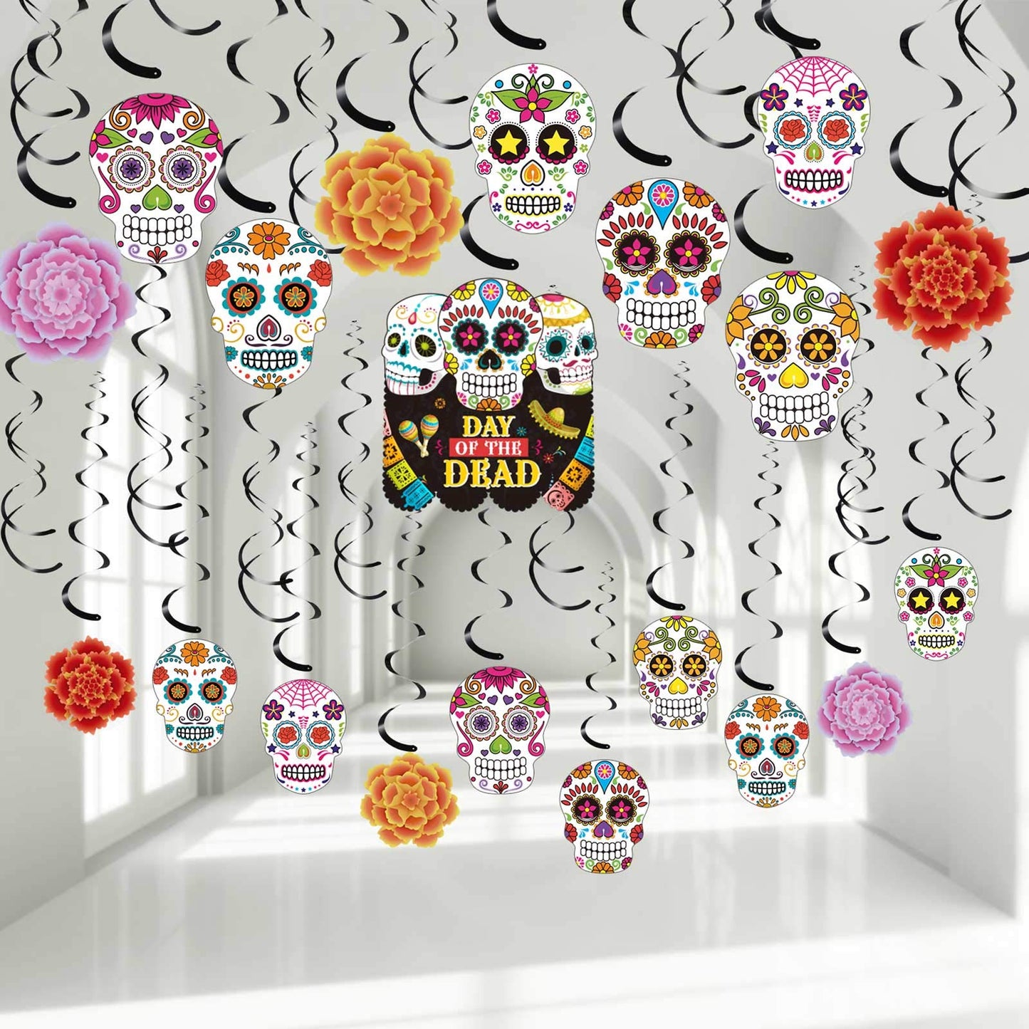 30 pcs Day of The Dead Foil Swirls Decorations Halloween Sugar Skull Flowers Ceiling Hanging Swirls Dia de Los Muertos Party Fav
