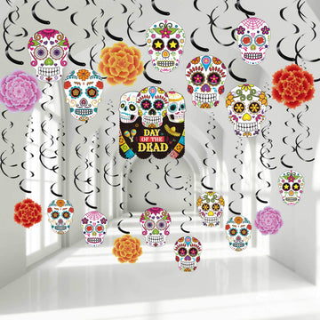 30 pcs Day of The Dead Foil Swirls Decorations Halloween Sugar Skull Flowers Ceiling Hanging Swirls Dia de Los Muertos Party Fav
