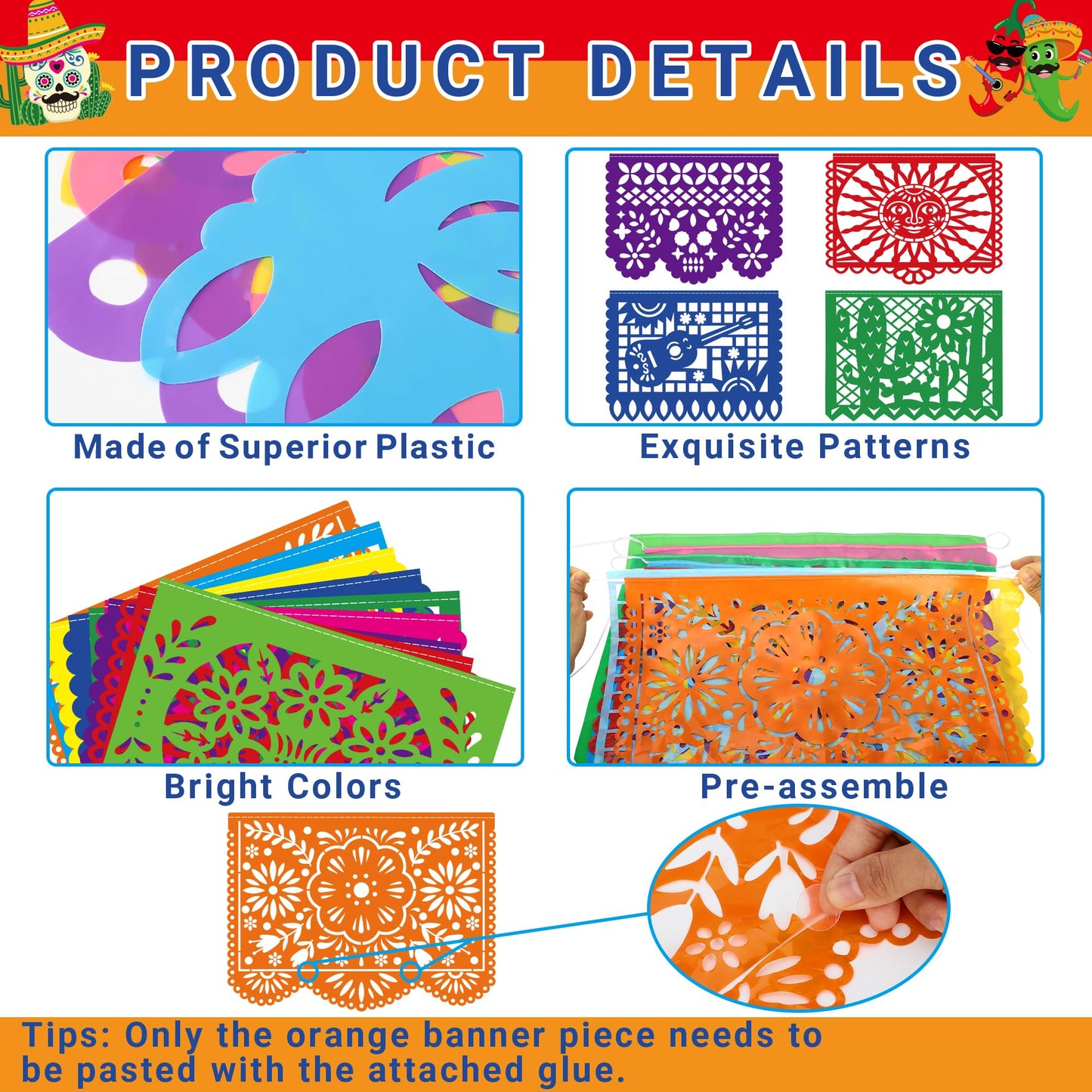 Heartome 90 FT Colorful Fiesta Party Decorations - 5 Pack Large Plastic Papel Picado Banner for Cinco De Mayo & Dia De Los Muertos Decor