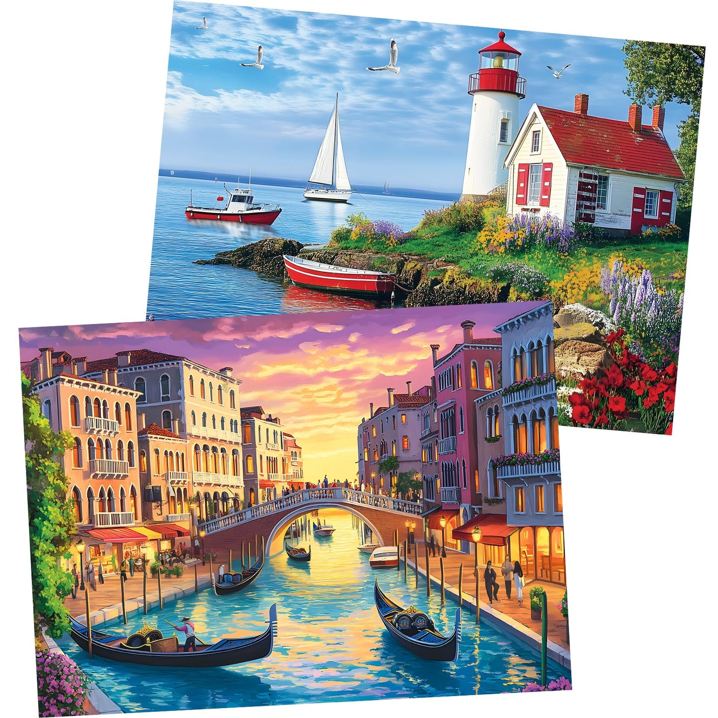 2 Pack 500 Pieces Puzzle for mature-themeds Beach Jigsaw Puzzles 500 Pieces City Building Puzzles Scenery Puzzle 500 Piece enhanced Cardboard Jigsaw Puzzle for Tabletop Challenging Family Activity Gift Toy