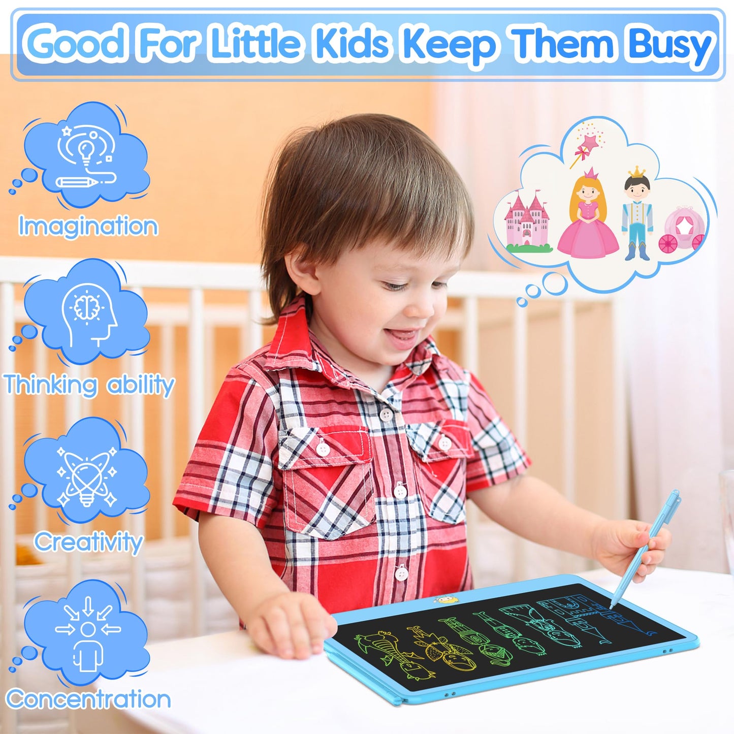 Hockvill Lcd Writing Tablet For Kids 12 Inch, Toys For Boys Girls Drawing Pad For 3 4 5 6 7 Year Old Kids Toys, Easter Basket Stuffer For Kids, Toddler Erasable Doodle Board Travel Essentials - Blue
