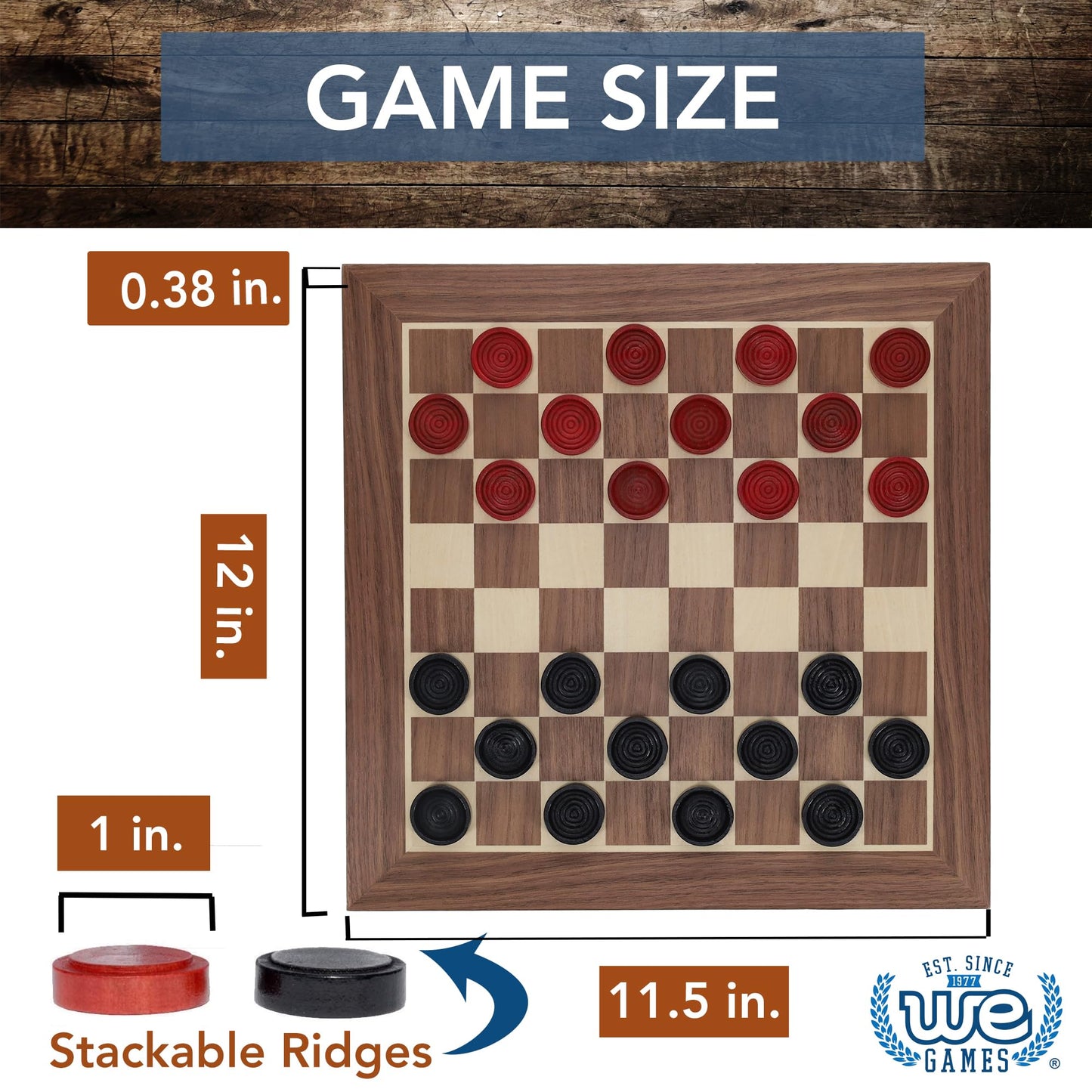 WE Games Wooden Checkers Set - 12 in. Red and Black, Model 181312, Classic Design
