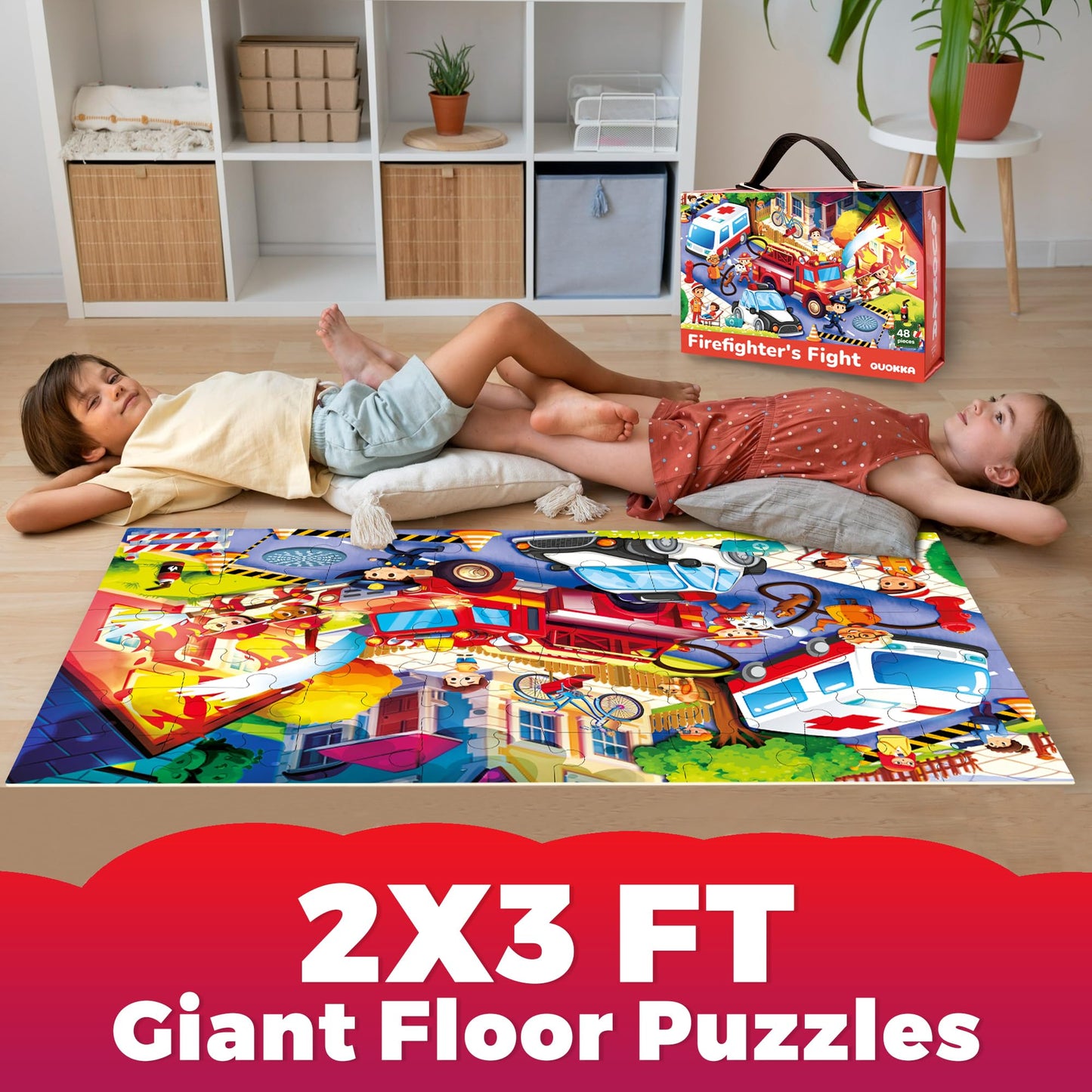 QUOKKA Giant Floor Puzzle for Kids Ages 4-6 - 2x3 Feet Extra-Thick 48 Pieces Toddler Puzzle Ages 3-5 - Firetrucks Educational Activity for Boys Girls - enhanced Box with Sturdy Handle & Magnetic