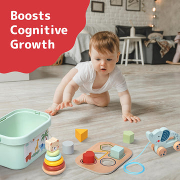 Prextex 3-In-1 Wooden Sorting And Stacking Toys - Includes 3D Shapes Sorting Box, 5 Stacking Rings With Bear, Elephant With Whee