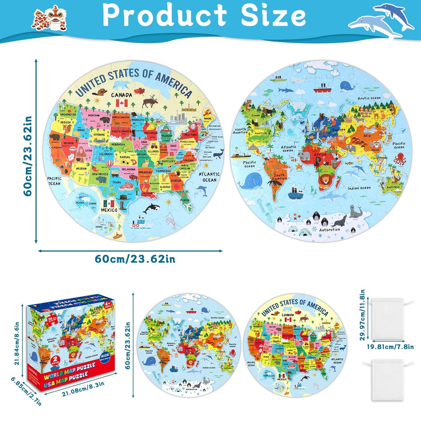 2 Sets Floor Puzzles World And United States Map Puzzles With Poster World And Us Geography Jumbo Round Puzzle For Kids 4-8 Geog