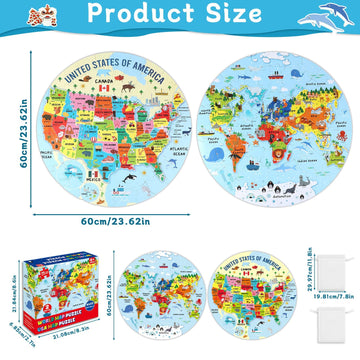 2 Sets Floor Puzzles World And United States Map Puzzles With Poster World And Us Geography Jumbo Round Puzzle For Kids 4-8 Geog