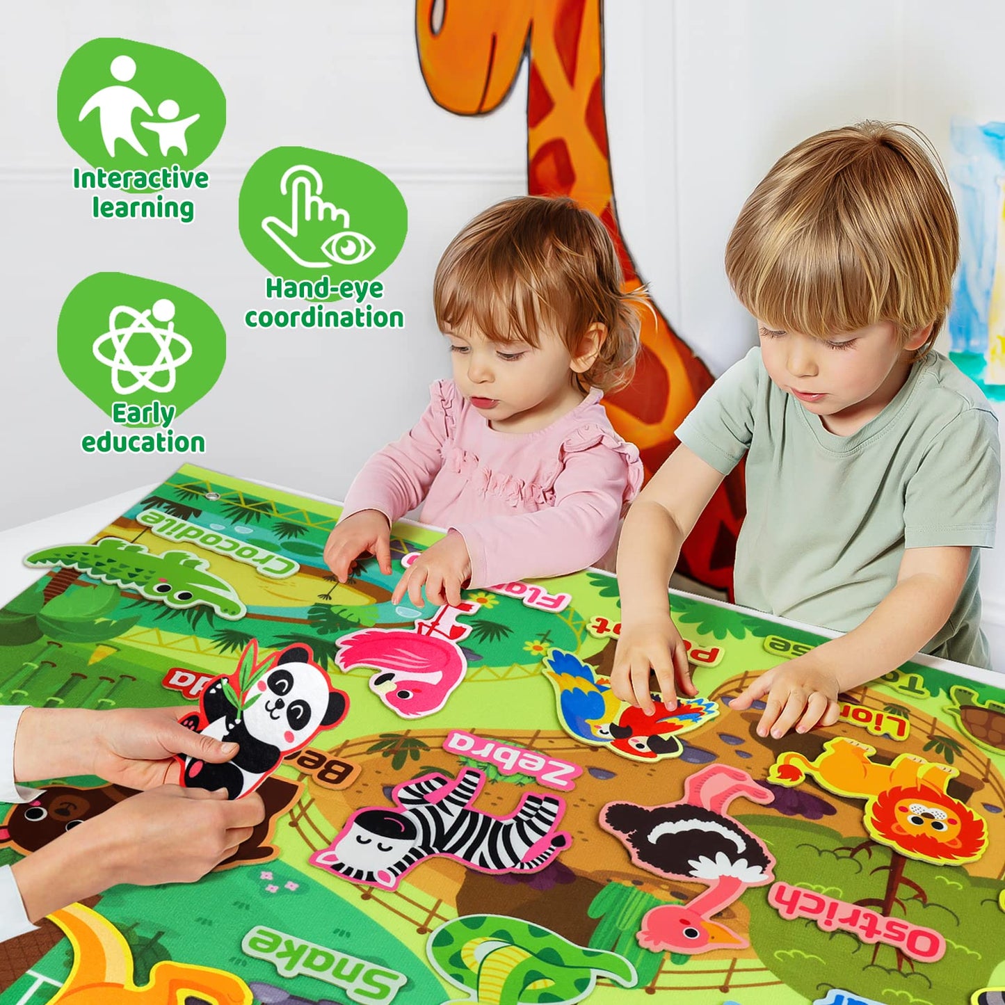 Taika Zoo Animals Felt Story Board Set, 43x28 inch Animals Flannel Board, 41Pcs Jungle Animals Toys, Thicker Felt Board, Prescho