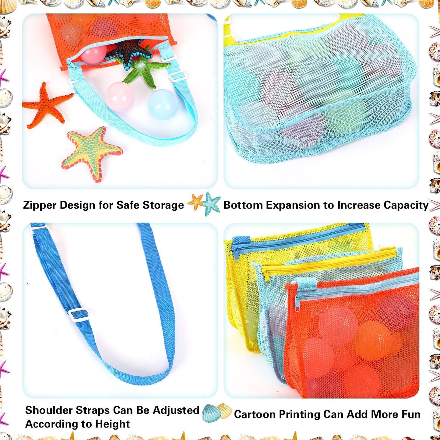 MARFOREVER 3 Pack Beach Toys Mesh Beach Bag Seashell Bag Sand Toy Shell Collecting for Holding Shells Swimming Pool Storage with