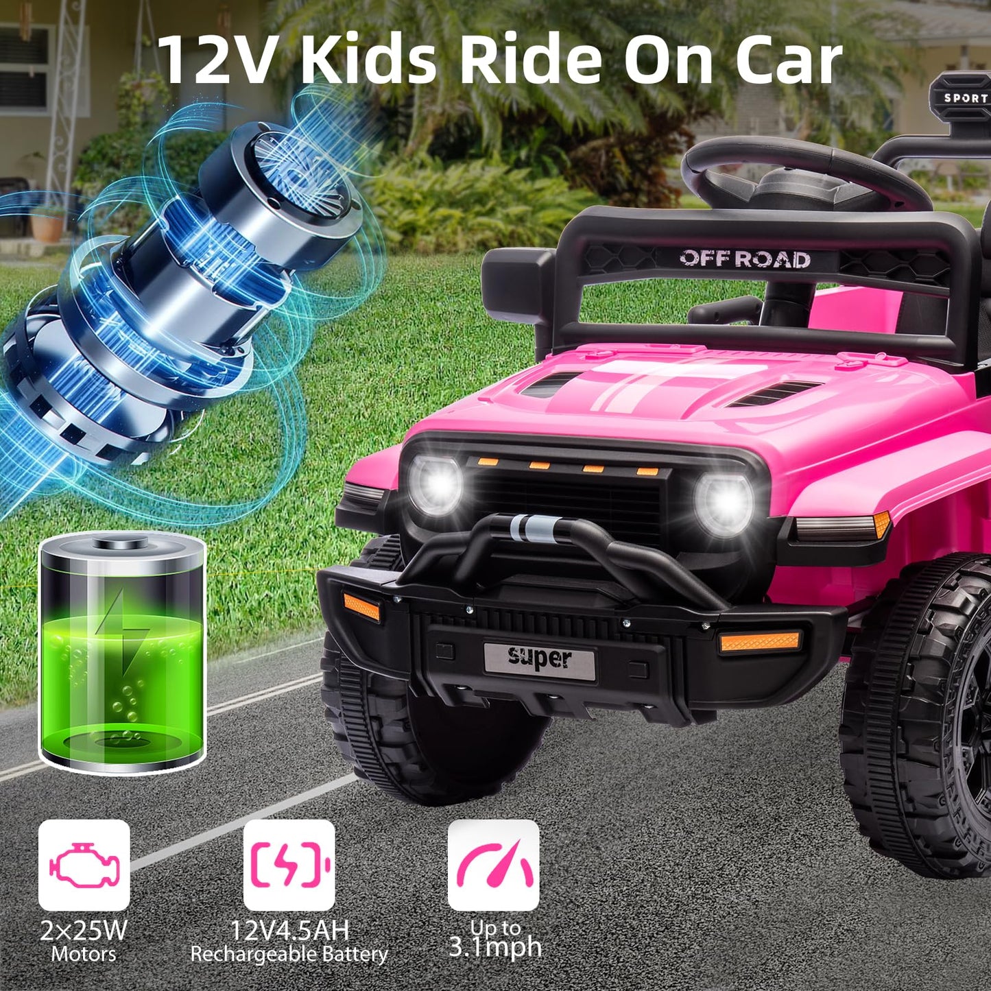 12V Ride On Truck Car, Toddler Ride On Toy W/Parent Remote Control, Steering Wheel Music, 4-Wheel Spring Suspension, Led Lights,