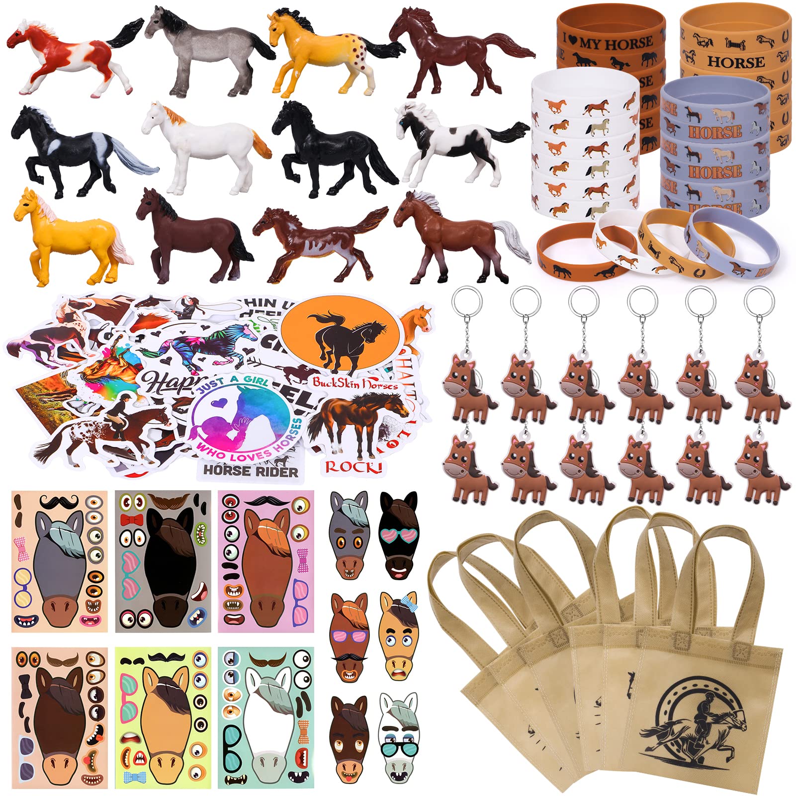 Winrayk 110Pcs Horse Birthday Party Favors Supplies Non-Woven Gift Bags Horse Figurine Make Your Own Stickers Horse Gifts Toys K
