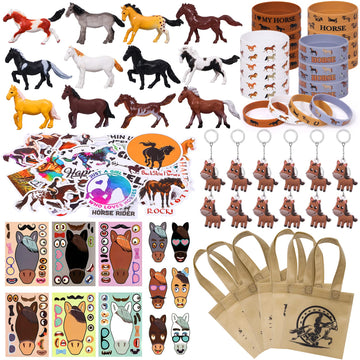 Winrayk 110Pcs Horse Birthday Party Favors Supplies Non-Woven Gift Bags Horse Figurine Make Your Own Stickers Horse Gifts Toys K