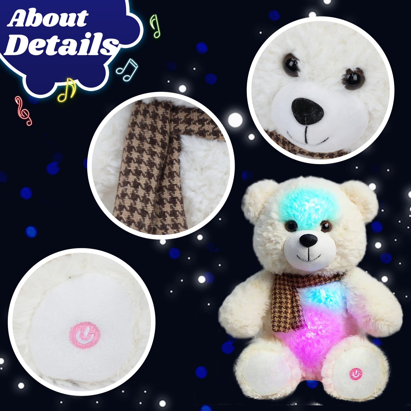 Cuteoy Musical Plush Polar Bear Stuffed Animal Glowing LED Light-up Nightlight Toys Singing Lullabies Birthday Christmas Plushie