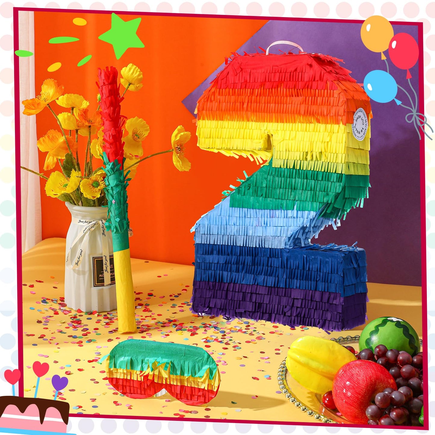 Sratte Rainbow Number Piata Multicolor Piata Small Kids Birthday Party with Blindfold Stick and Confetti for Birthday Anniversar