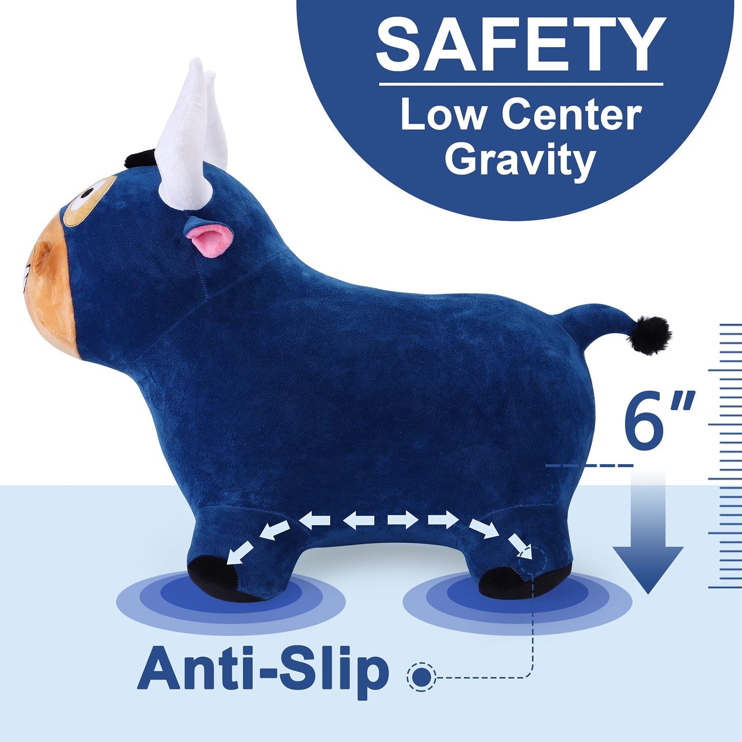 iPlay, iLearn Bouncy Pals Bull Hopping Horse - Plush Inflatable Ride-On Toy, Medium, Blue, Model 850006959389, Perfect for Kids 18 Months to 5