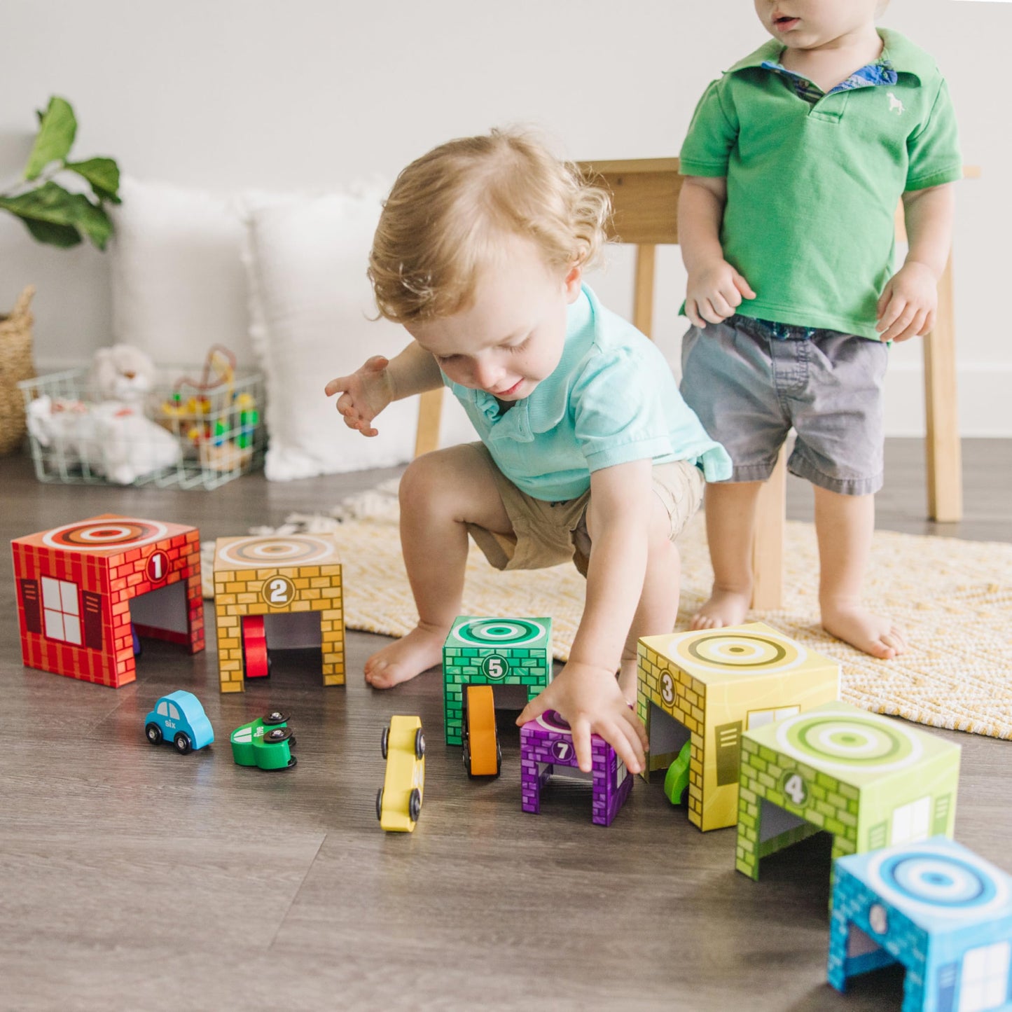 Melissa & Doug Nesting and Sorting Garages and Cars, 7 Stackable Wooden Cars, Multi-color, 15.5 x 6.5 x 5.75, Model 2435