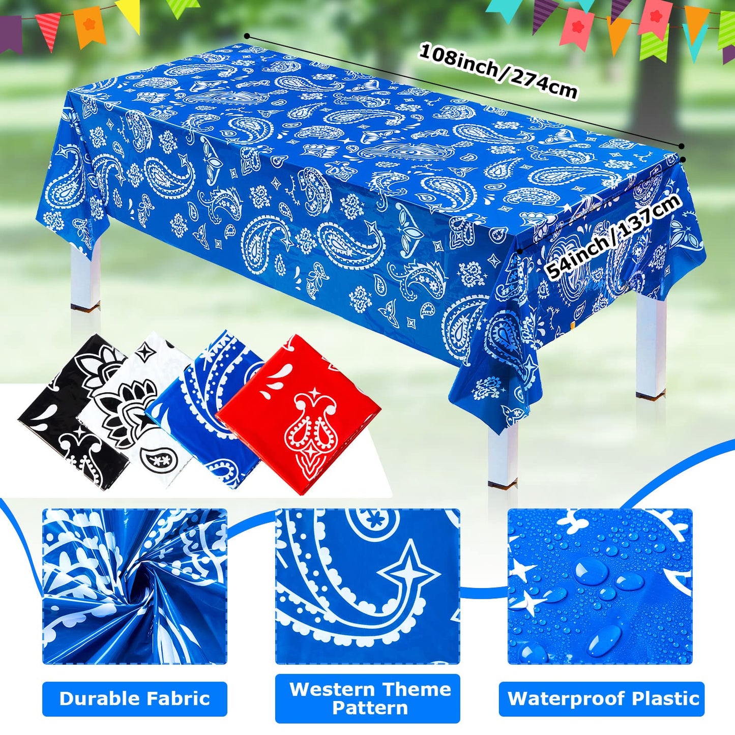 Reginary Western Party Tablecloth Paisley Bandana Table Cover Plastic Rectangle Tablecloth for Western Cowboy Party Themed Party