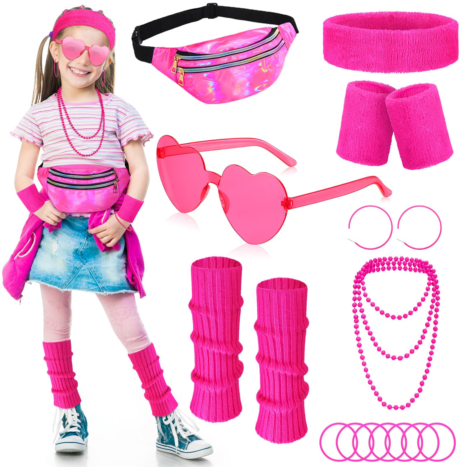 Vabean 17 Pcs Kids 80s Costume Accessories Set Halloween Girls Cosplay 1980s Retro Party Outfits Holographic Fanny Pack Ribbed Leg Warmers Headband Wristbands Glasses Necklace Earrings Bracelet