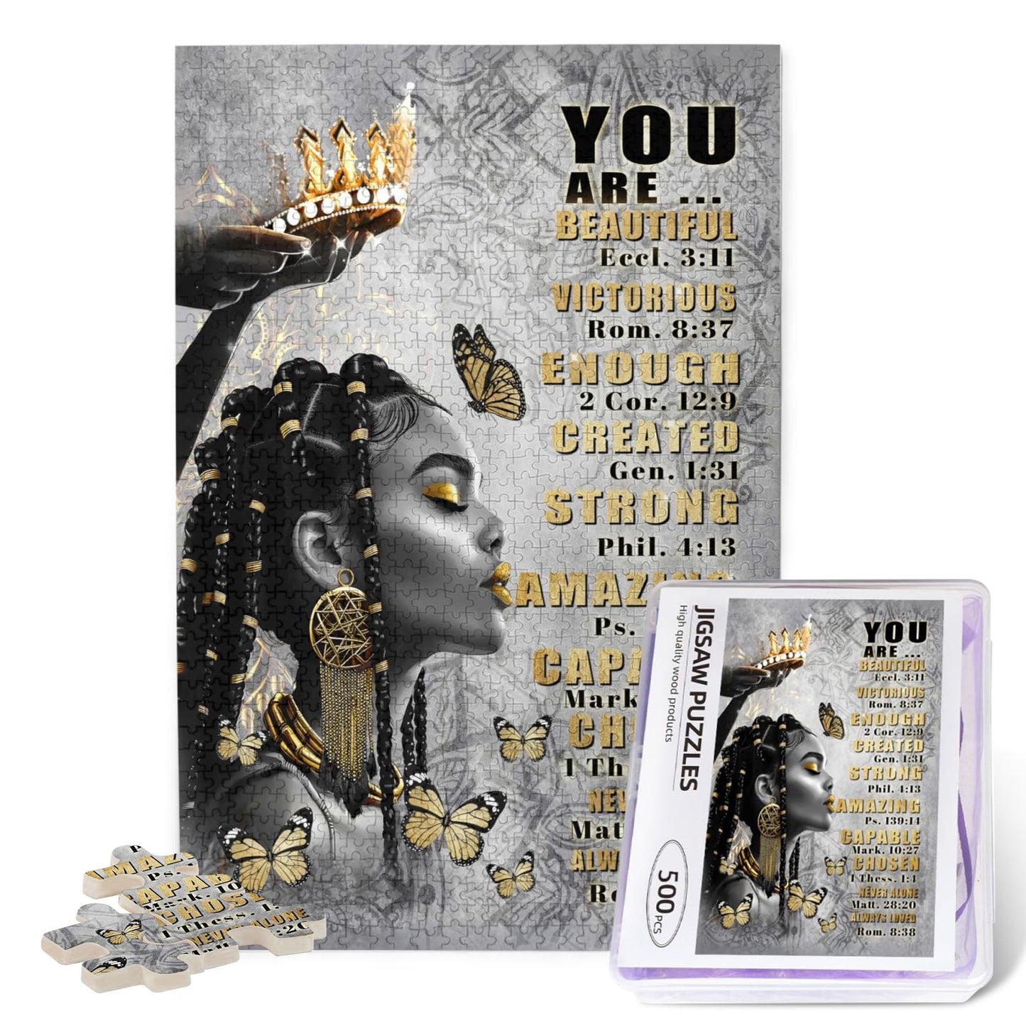 African American Puzzles For Adults 500Pcs Afro Black Queen Jigsaw Puzzles Scripture Bible Verse Inspirational Quotes Butterfly