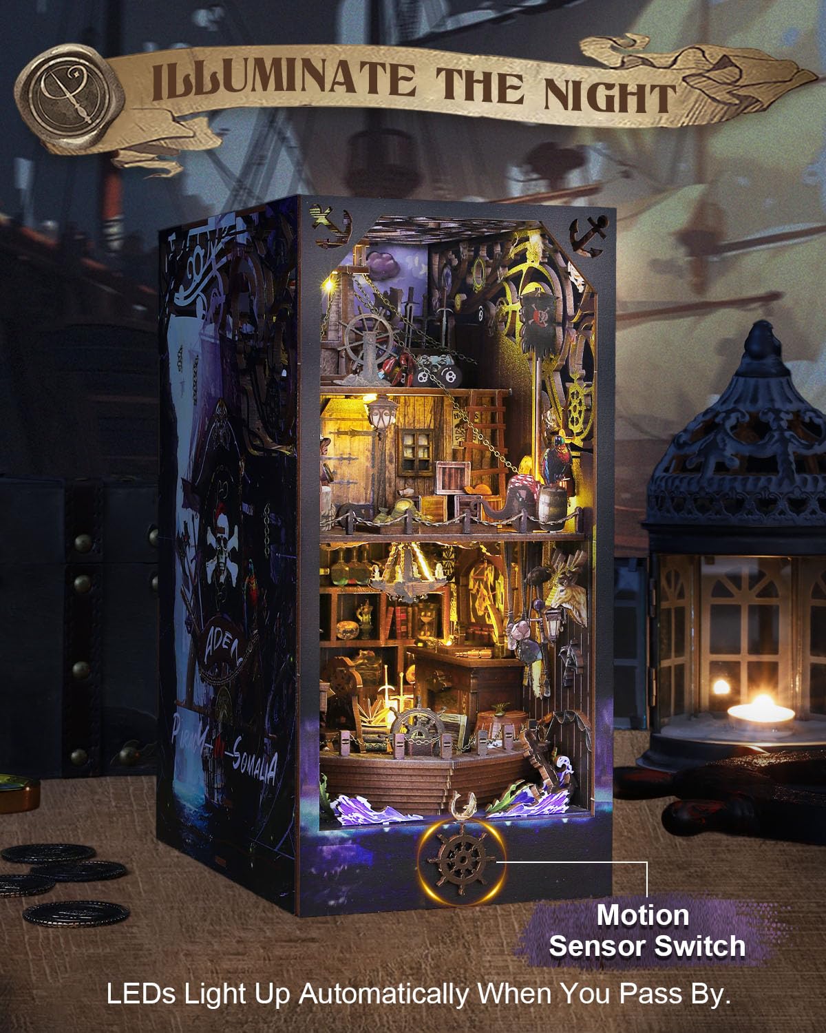 OurMiao Book Nook Kit Pirate Ship Aden, DIY Miniature Book Nook Kits for Adults, 3D Wooden Puzzle Bookshelf Insert Decor with Se