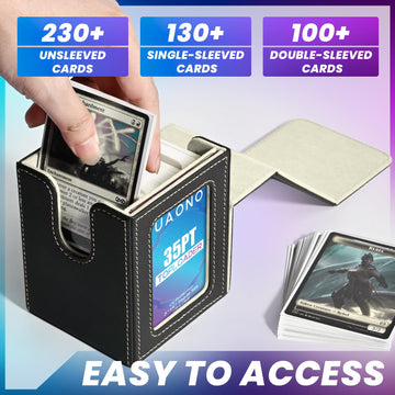 Uaono Card Deck Box With Mtg Commander Display, Deck Case Holds 100+ Double-Sleeved Cards, Trading Card Storage Box Fits Tcg/Ptcg/Sports Card With 2 Dividers, 1 Toploader (Black, Gold)