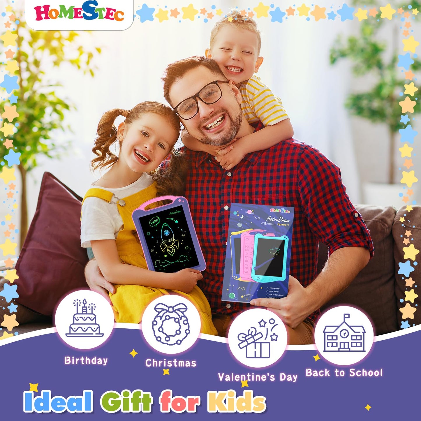 HOMESTEC Astrodraw LCD Writing Tablet for Kids, Colorful Doodle Board, Purple/Pink, Model AB0811, Ideal Birthday Gift for Ages 3-6