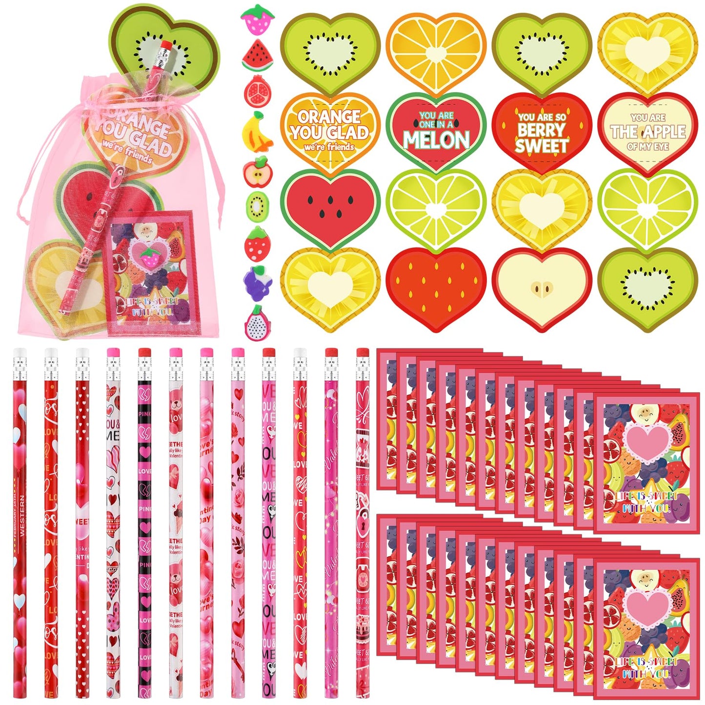 Marspark 24 Sets Valentines Day Gift for Student Including Pencils, Fruit Shaped Erasers, Cards and Organza Bags, Valentines Cl
